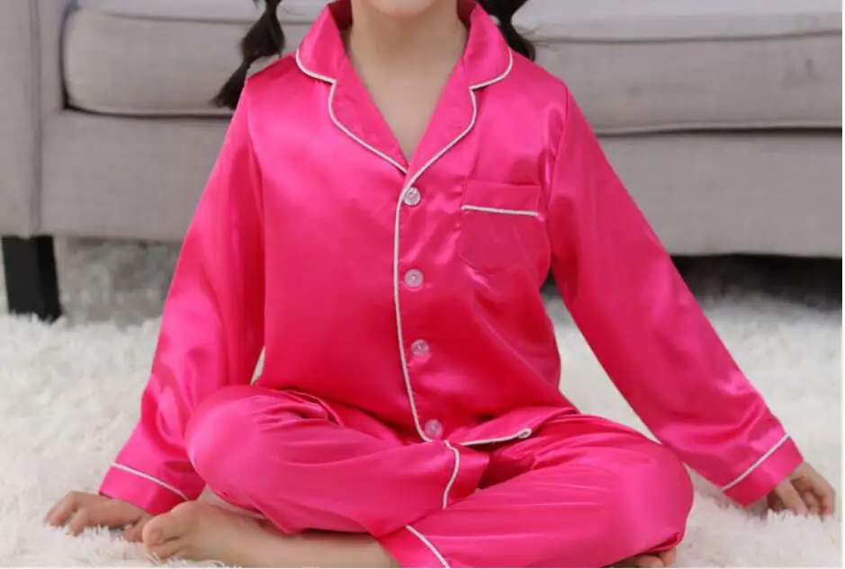 Red long sleeve Детский Шелковый пижамный комплект г., весенне-летний Шелковый пижамный комплект с длинными рукавами для мальчиков и девочек, детская одежда для сна, комплект одежды для сна - Цвет: Red long sleeve