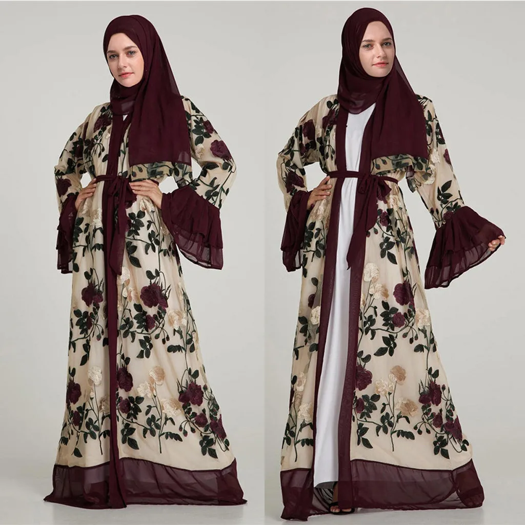 Мусульманская женская мода шифон с цветочным узором кружевное вышивкой открытым