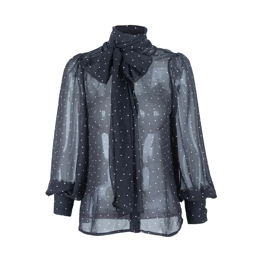 Black OOTN черная Элегантная блузка в горошек с завязками на шее, женская рубашка, летняя блузка с длинным рукавом, сексуальные прозрачные женские топы и блузки - Цвет: Black
