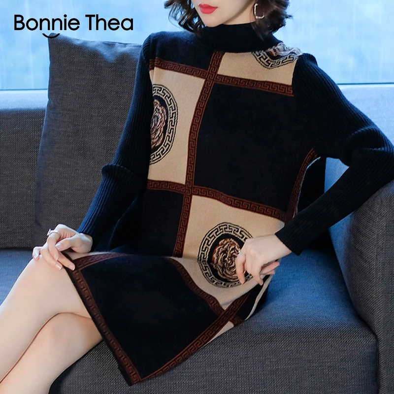 Bonnie Thea, Женское зимнее платье-свитер с высоким воротом, женское элегантное черное вязаное вечернее платье, vestido, женские осенние платья