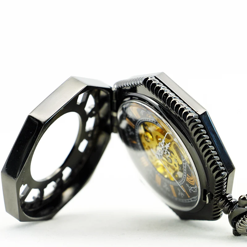Black Octagon Hollow Digital Direct Display Manual Mechanical Pocket Watch Vintage Steampunk Necklace Pendant Clock Gift