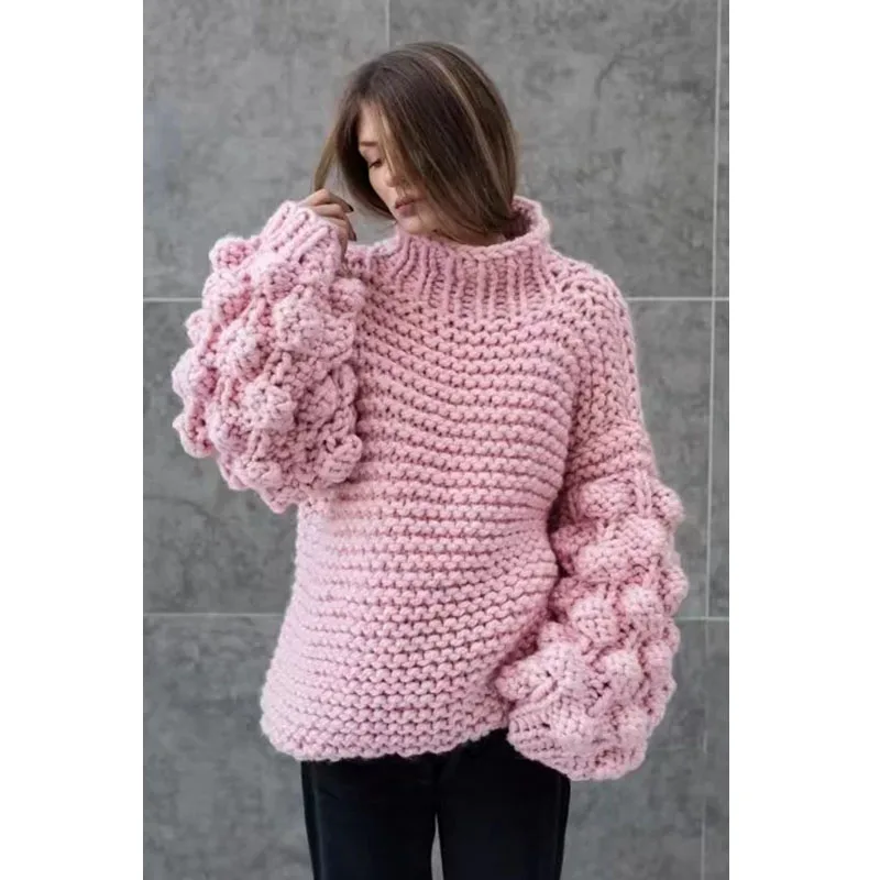 Autumn Coarse wool handmade knitted Sweater women Half turtleneck lazy Rough Knitted Lantern Sleeved 3D Yarn Ball Pullover | Женская