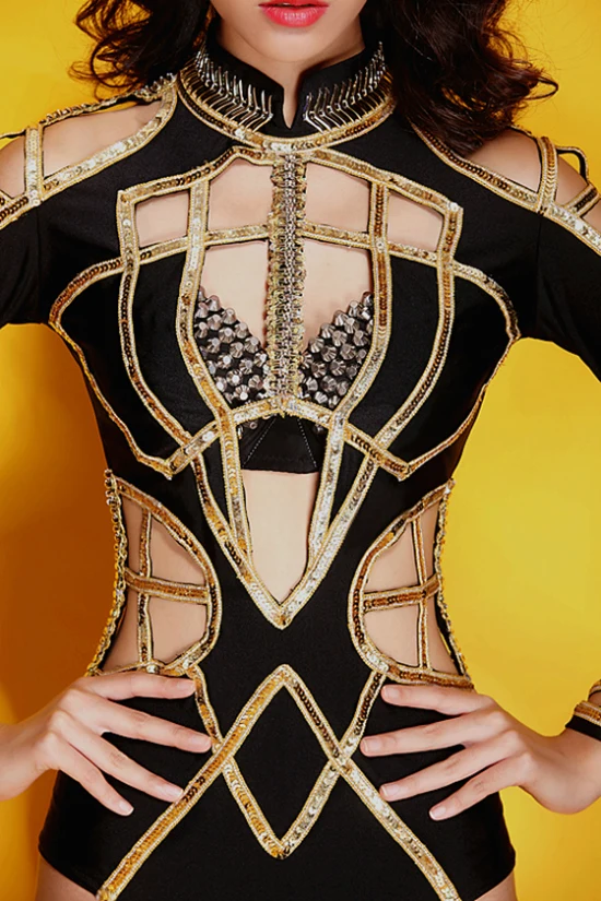 Fashion Women Performance Clothing Dj Female Singer Combination Ds Costume Hollow Long Sleeve Sexy Bodysuit Jazz Dance Wear |