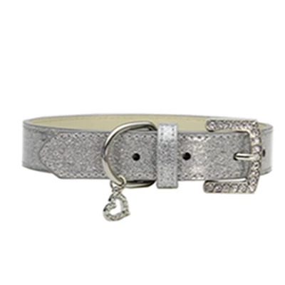 sliver Shiny Glitter Pu Leather Dogs Collar Bling Rhinestone Heart-Shaped Pendant For Puppy Cat Pet Necklaces Small Medium Large Dogs - Цвет: sliver