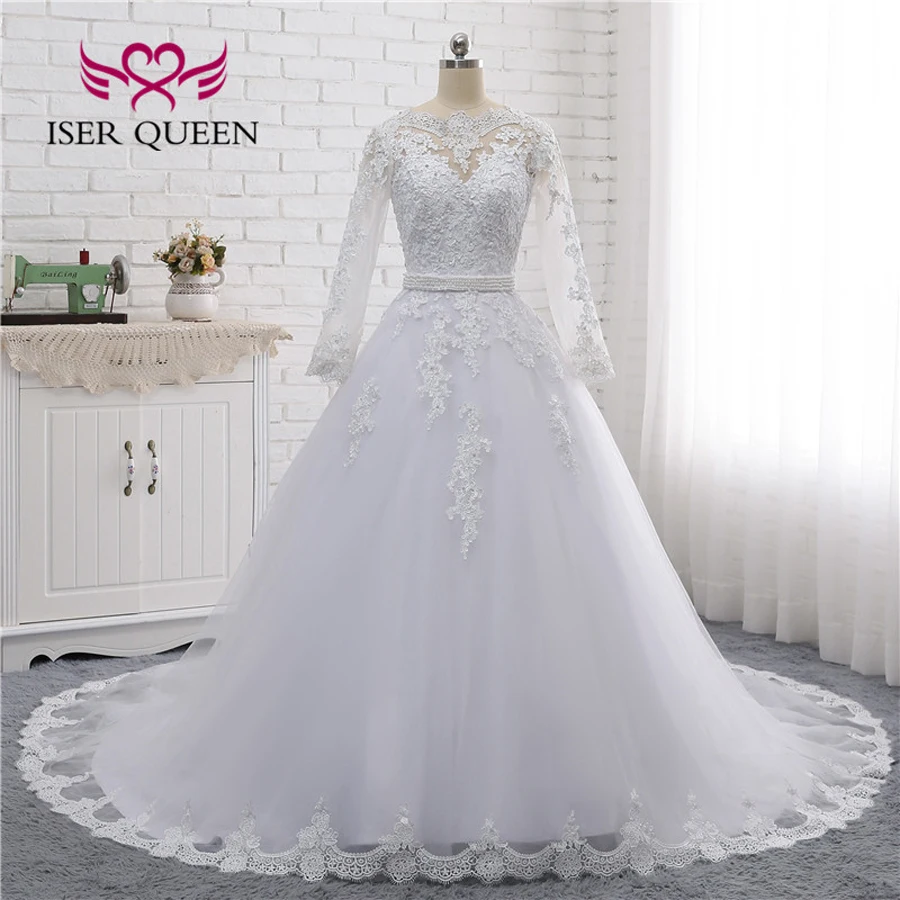 

Long Sleeve Arab Wedding Dress See Through Back Pearls Beaded Sashes With Bow Beautiful Lace A line Wedding Dresses W0007