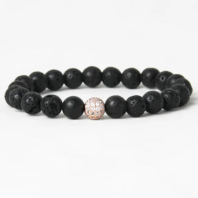 Black Lava Stone Bracelet with Micro Pave CZ Cubic Zirconia Disco Beads Bracelets Pulseras Men Women | Украшения и аксессуары