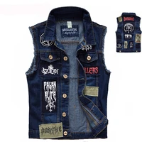 classic vintage mens jeans vest sleeveless jackets fashion patch designs punk rock style ripped cowboy frayed denim vest tanks