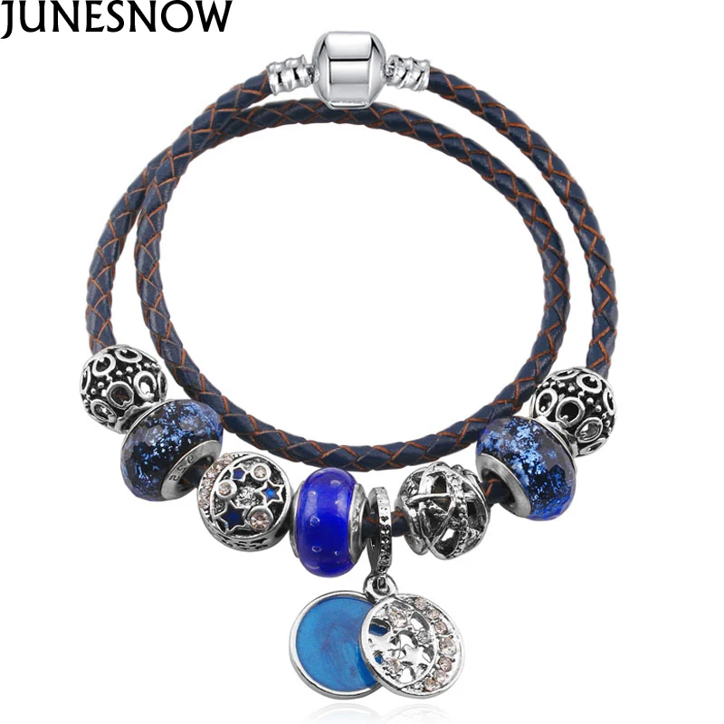 JUNESNOW Звездные кожаные браслеты с бусинами подходят для очаровательных браслетов