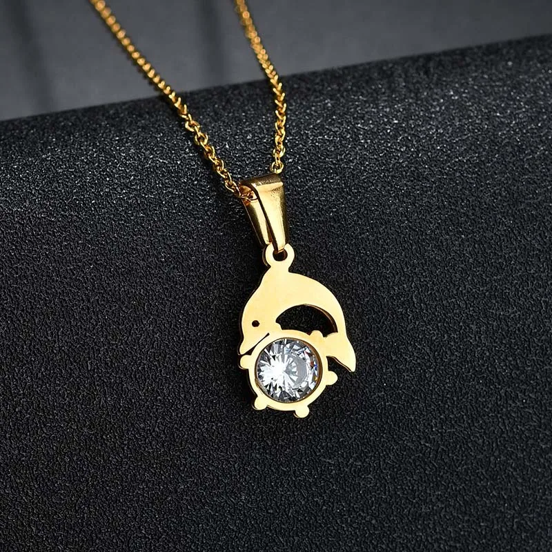 gold dolphin Колье из нержавеющей стали, милое ожерелье в виде совы и медведя, циркониевый в форме сердца, ожерелье в виде животного, подарок для женщин и детей - Окраска металла: gold dolphin