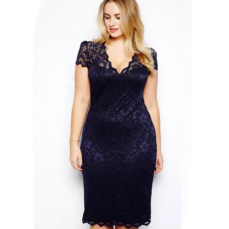 New Style Women Summer Dress Plus Size 4XL Sexy Pencil Bodycon Short Sleeve V Neck Slim Fit Blue Lace vestidos | Женская одежда