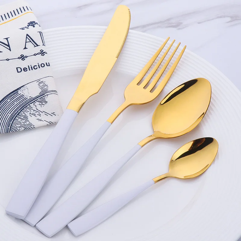 Silver Handle 4 шт. западное Золото 10 цветов нержавеющая сталь черный столовая посуда комплект из розового золота столовый набор из вилок нож Совок свадебный набор серебряных изделий - Цвет: Silver Handle