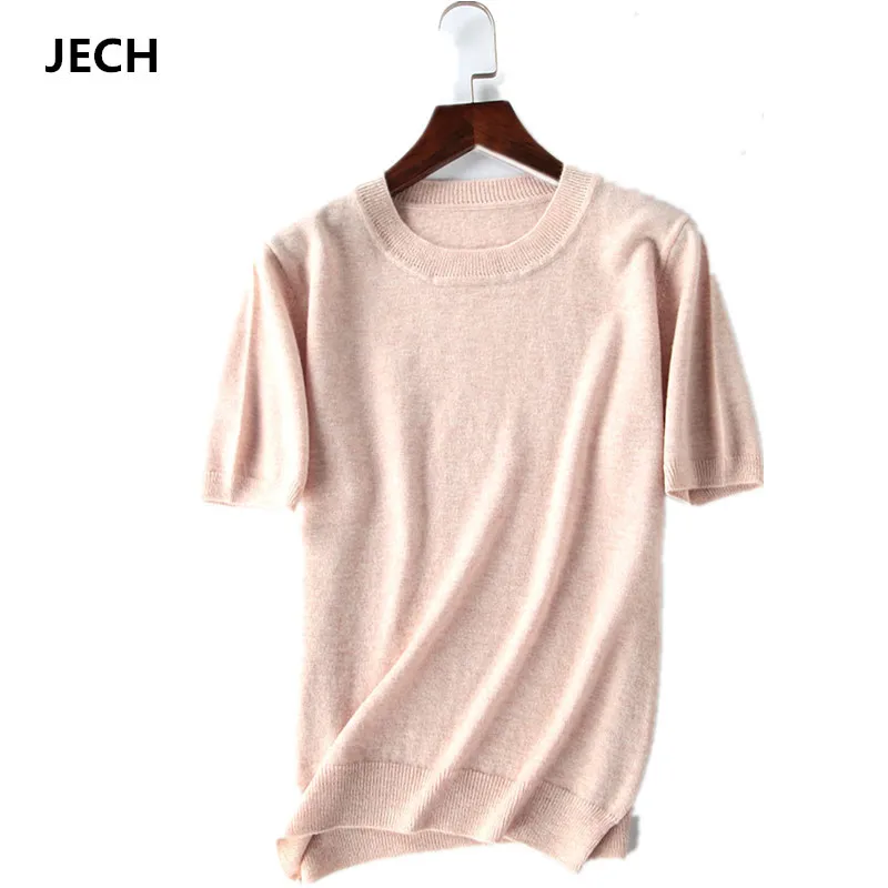 

Summer Wool Sweater JECH Spring Autumn Women Solid Big Short Sleeve O-neck Pullovers Jumper Knitted Oversize Sweaters