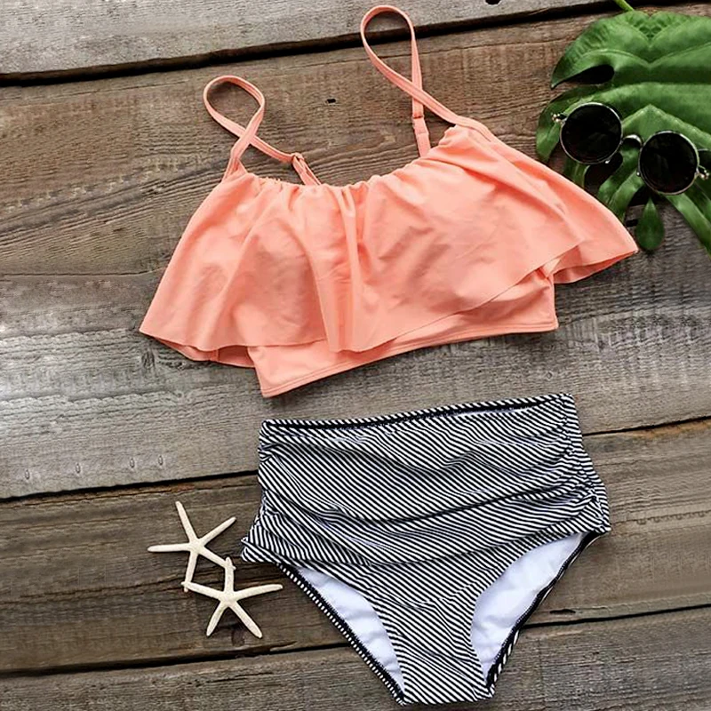 2017 новое прибытие высокой талией женщин купальники рябить старинные bikinis
