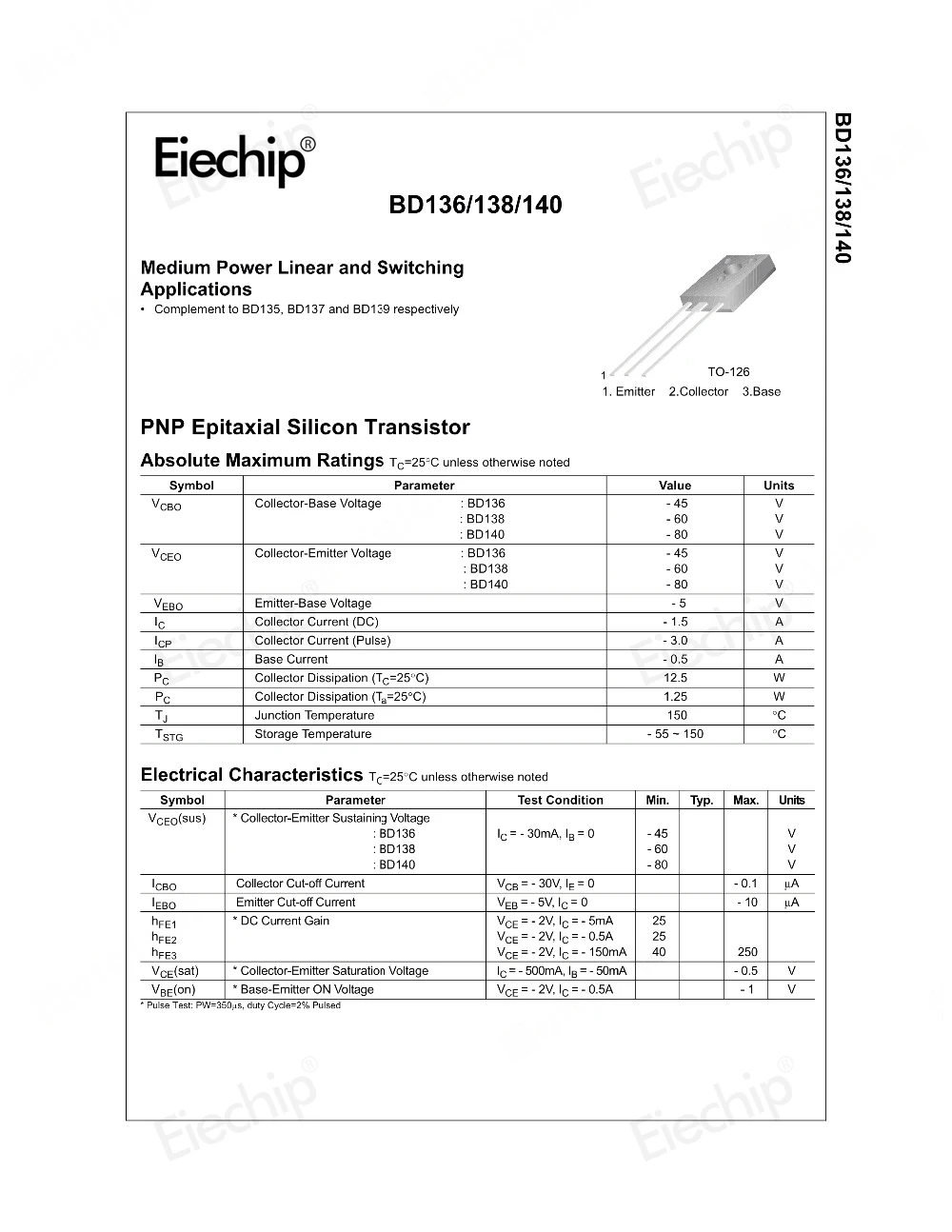 50 шт. PNP Силовые транзисторы BD140 TO-126