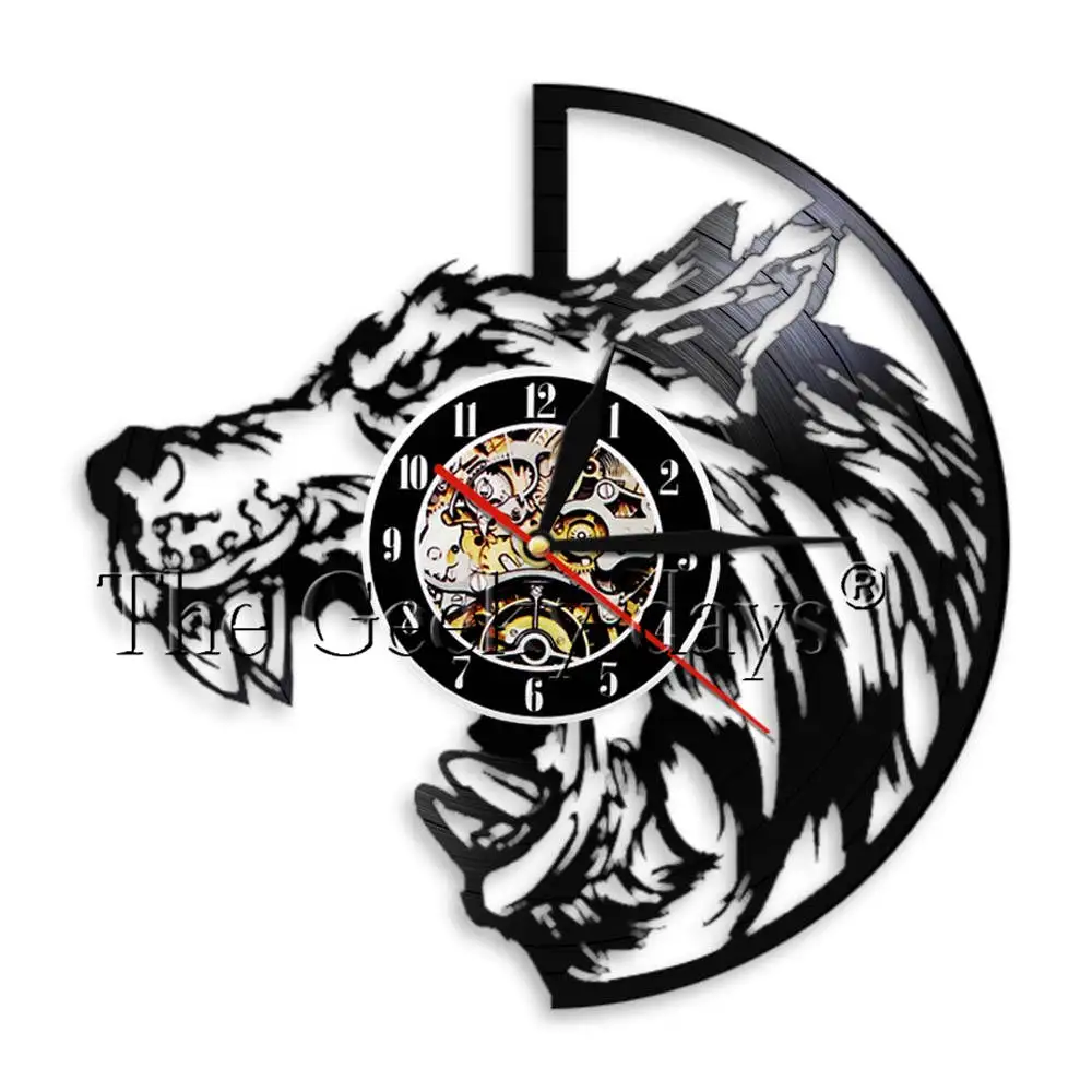Wolf Wall Art Виниловые часы для записей Волчья портретная голова Волка лазерный Резной декор настенные часы животные волчьи клыки часы с большим ртом