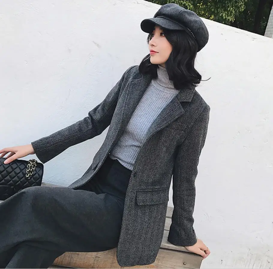 Woolen Blazer Women Notched Coat Lady slim Long Sleeves OL Style wool small suit | Женская одежда