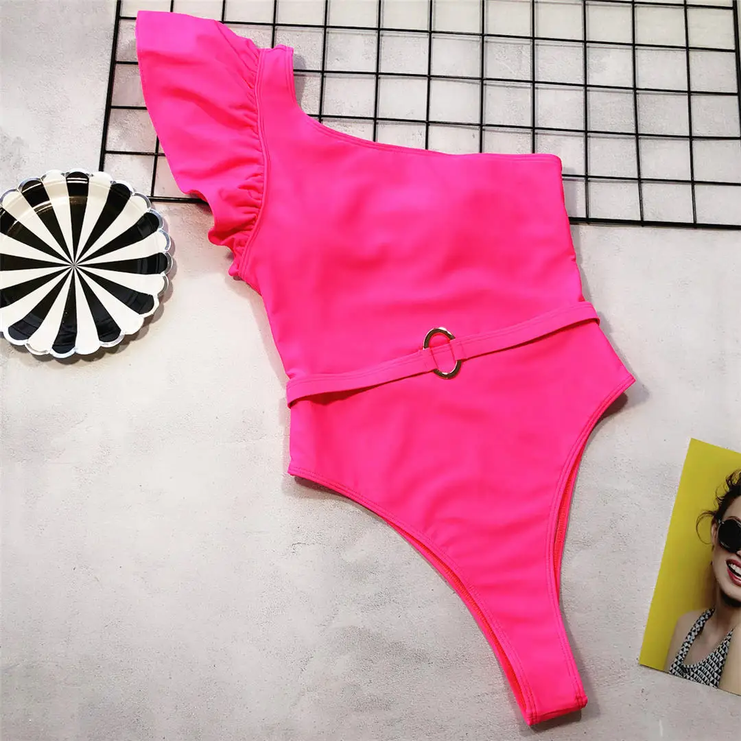 Hot Pink Купальник на одно плечо, сдельный,, женская одежда для плавания, женский купальник с оборками, высокая талия, купальник, одежда для плавания, сексуальный Монокини, V1559 - Цвет: Hot Pink