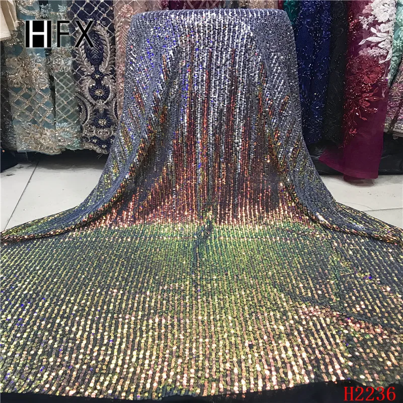 HFX кружевная ткань с пайетками, синие блестки, нигерийские кружева, ткань высокого качества, французский тюль, кружевная ткань для женского платья H2236