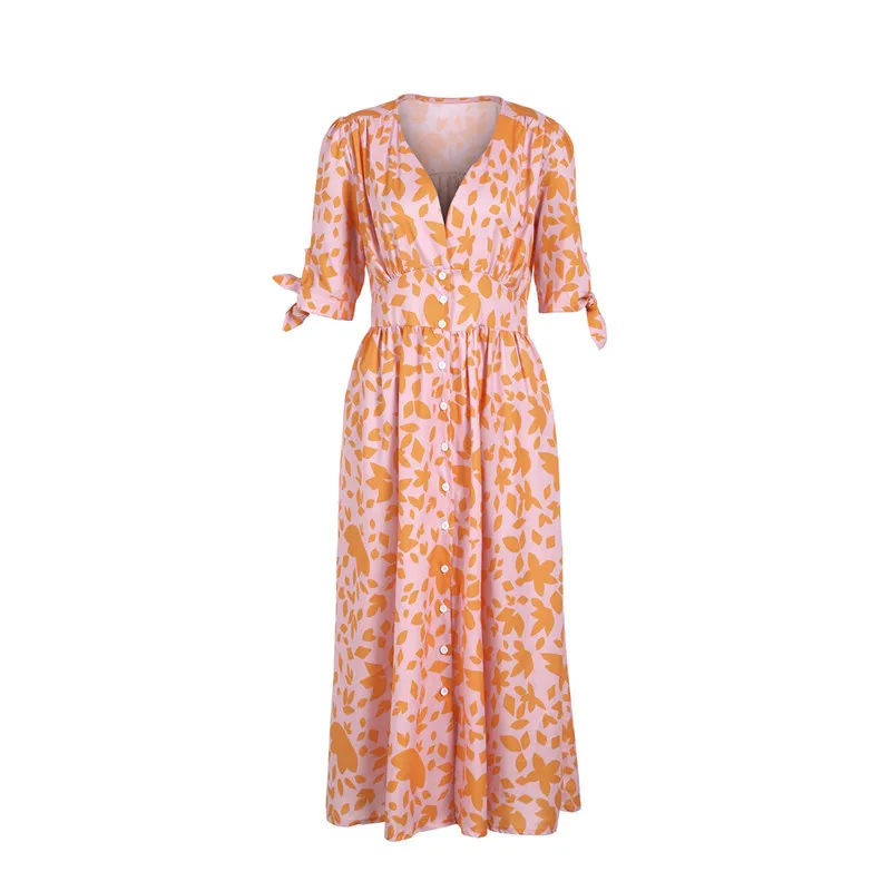 Frauen Boho прядь дошкольного urlaub Urlaub цветочный Kleid элегантные Damen kurzarm шеи Hohe