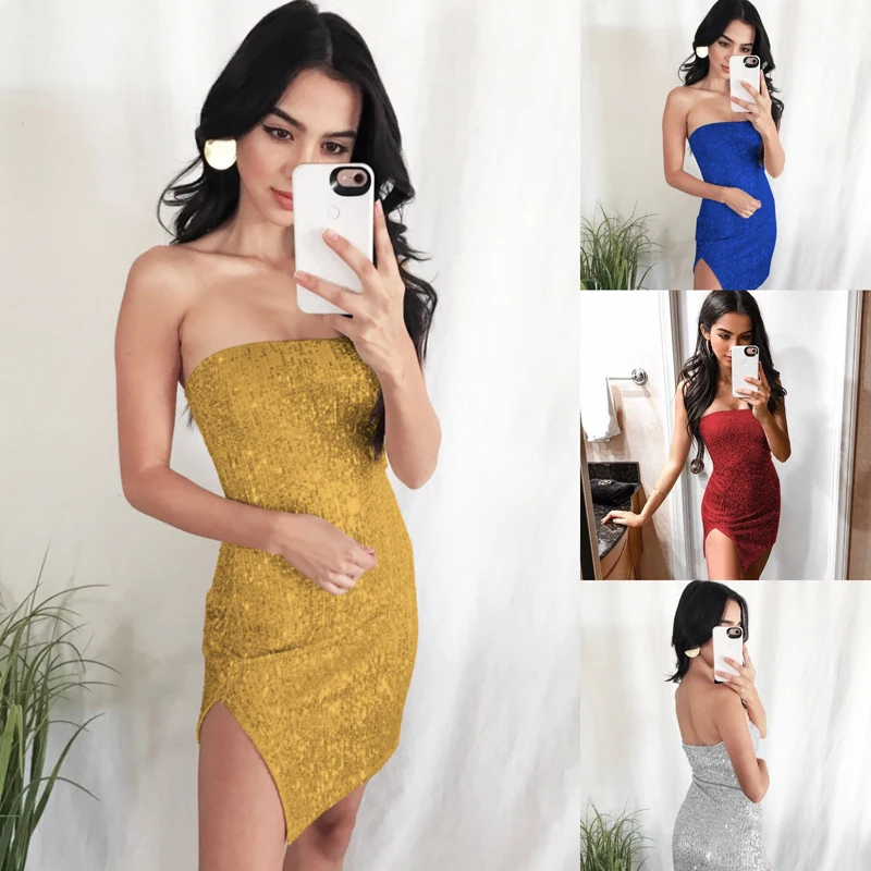 

2019 Fashion Sexy Tube Top Halter Split Sequin Summer Dress Fashion New Style Solid Women Dress Four Colors Party Dresses