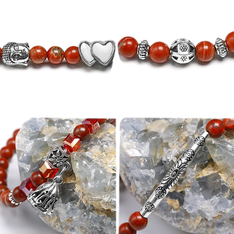 108 Mala Beads Natural Red Stone Wrap Bracelet Crystal Yoga Necklace Meditation Rosary Lotus Alloy Charm Bracelets | Украшения и