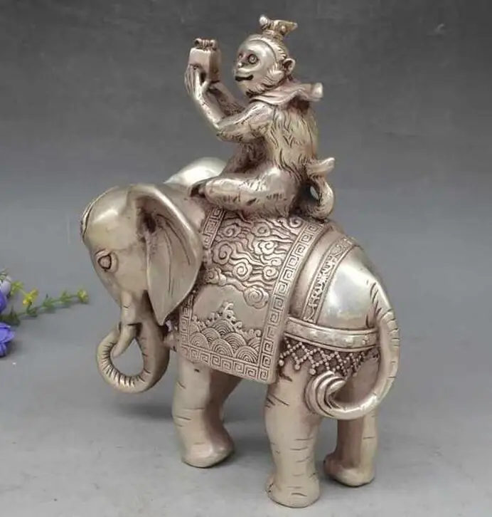 Старая тибетская Серебряная обезьяна с уплотнителем статуя слона коллекционное