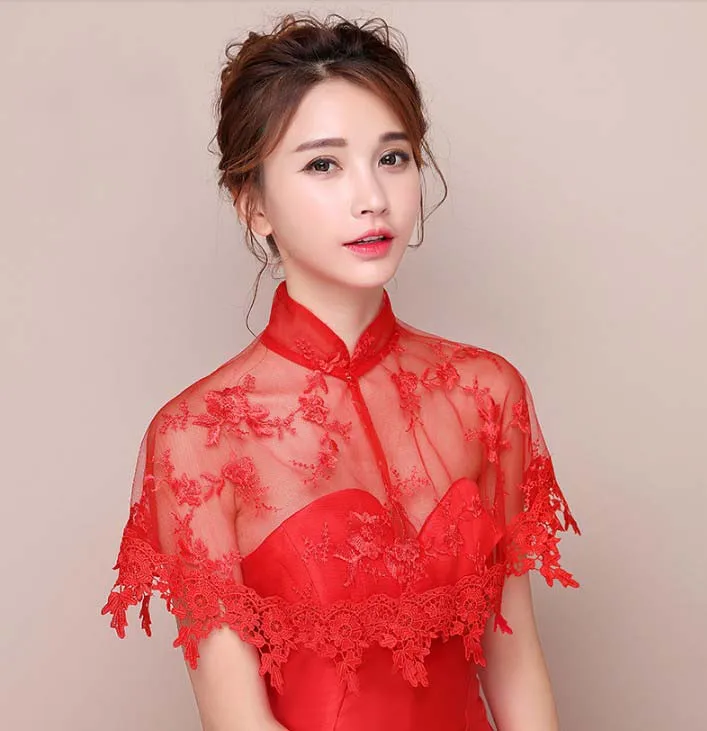 Красный Cheongsam с высоким горлом, черный, красный, цвета слоновой кости, свадебное платье, женская шаль, накидка, болеро, кружевная, вечерняя, свадебная накидка, накидка - Цвет: Красный
