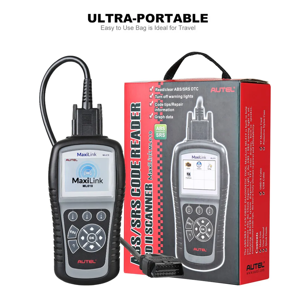 AUTEL MaxiLink ML619 ABS SRS сканер OBD2 считыватель кодов автомобильный диагностический