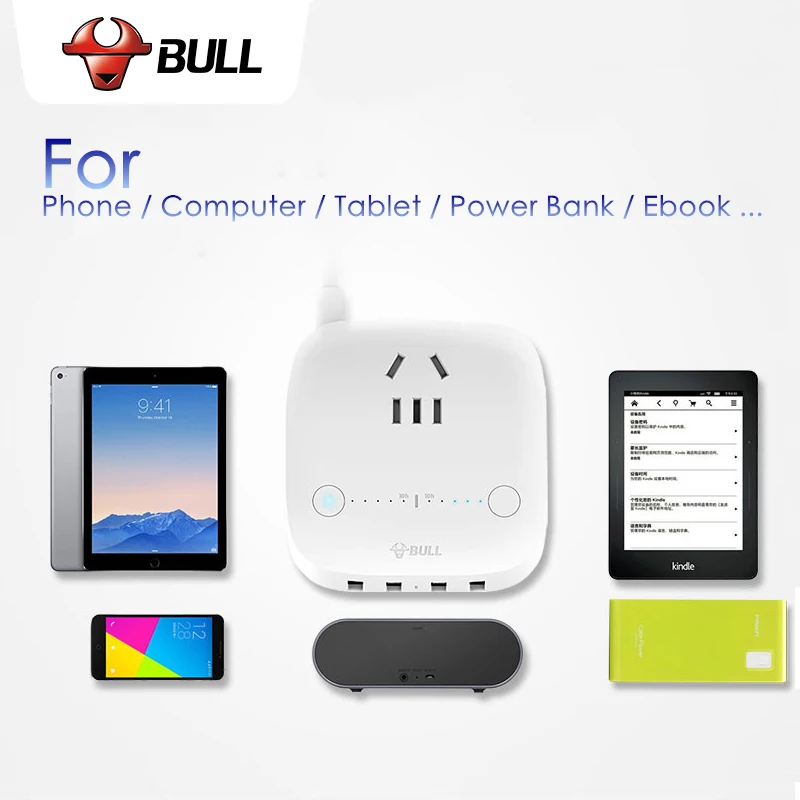BULL Smart Charger 4 USB 2.4A Fast Charging 10A/250V/2500W Timing Function for iPhone iPad Samsung S9 S9+ Xiaomi Huawei P10 | Электроника
