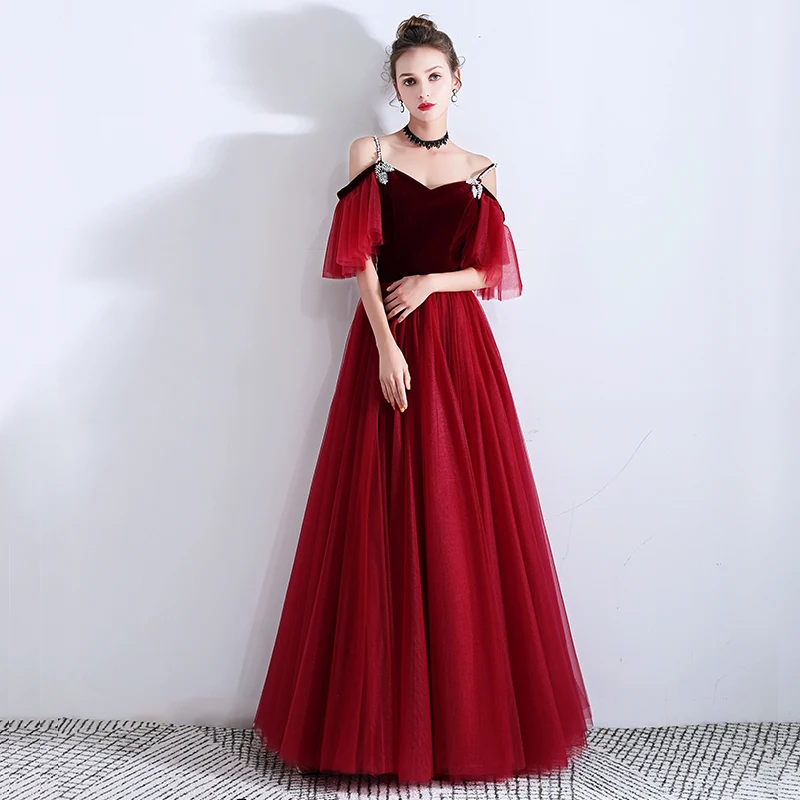 SSYFashion Новое банкетное элегантное бордовое Вечернее Платье велюровое с тюлем v-образным вырезом Бисероплетение Длина до пола официальное платье Vestido De Noche