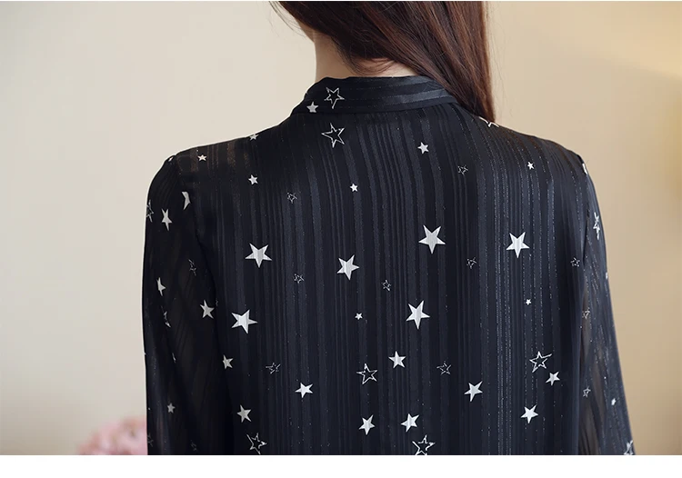Мода 2019 летние женские шифоновые блузки со звездами с длинными рукавами черные
