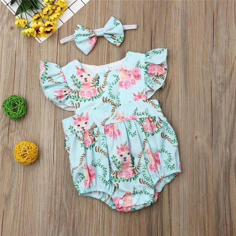 Милый боди с цветочным принтом для маленьких девочек 2 шт. комбинезон оборками