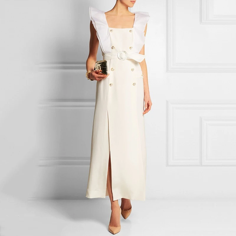 Женское двубортное платье TWOTWINSTYLE весеннее длинное с оборками без рукавов поясом