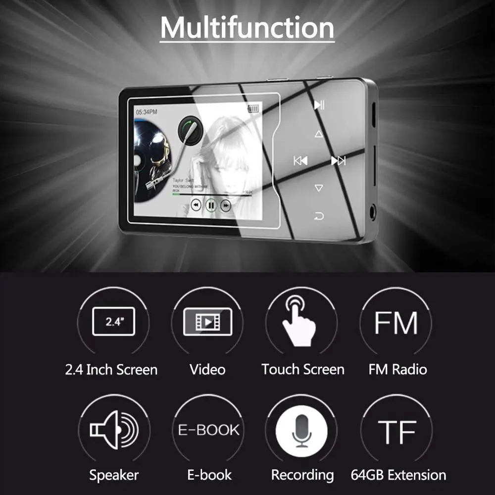 MP3-плеер Bluetooth 4,2 без потерь звук 16 Гб музыкальный плеер встроенный динамик, 2,4 дюймовый большой hd-экран, расширяемый до 128 ГБ