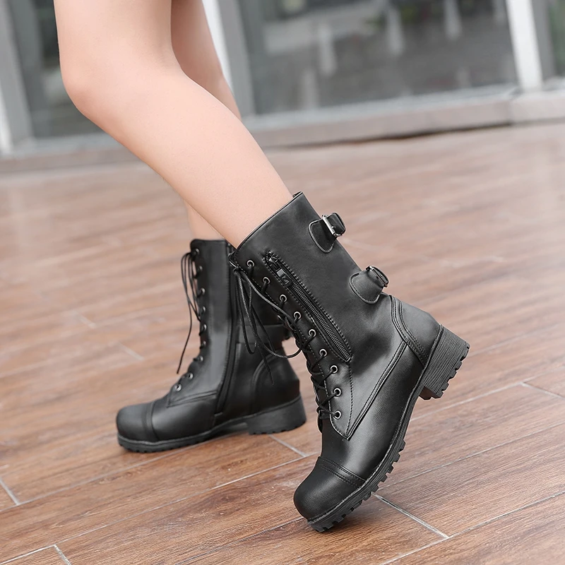 Zapatos mujer Зимняя женская обувь искусственная кожа на низком каблуке Ботинки