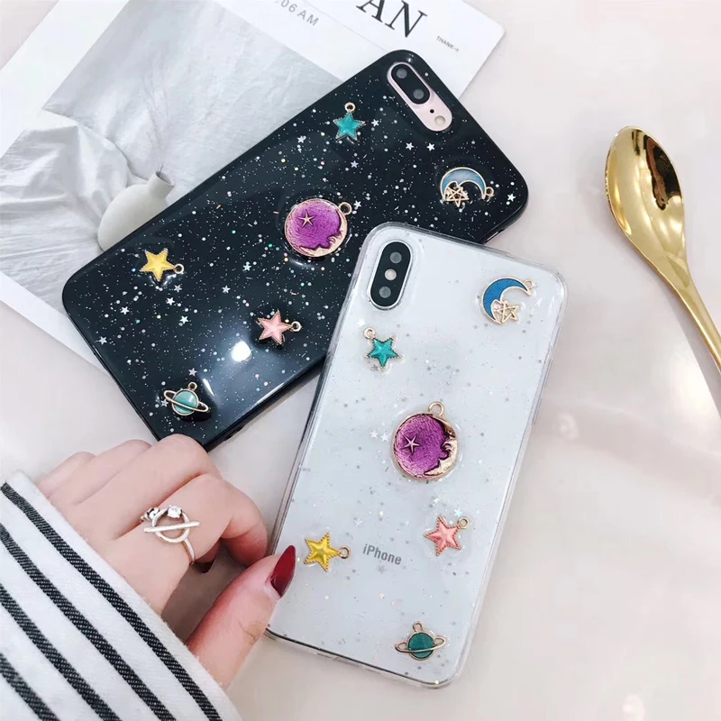 Fashion Moon Stars Planet Phone Case For iphone X Bling Glitter Universe 6S 6 7 8 Plus Cover Capa |