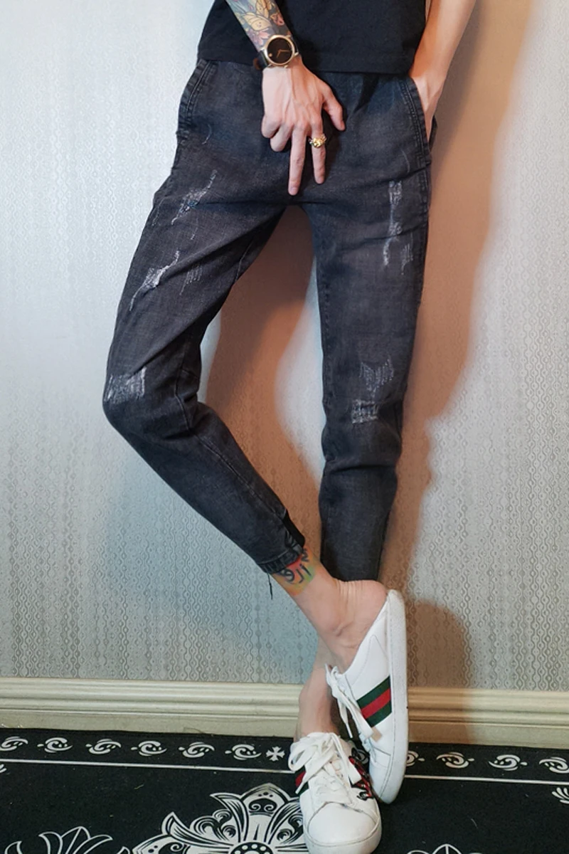 Spiritual Guy Jeans man fall nine-point foot pants network red with male beggar broken hole | Мужская одежда