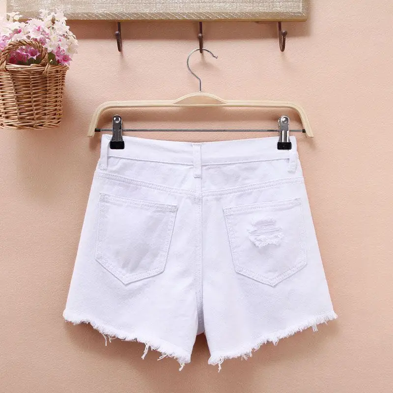 HziriP Denim Shorts Solid Hole Ribbons Washed Pockets High Waist Women Loose Summer Hot Black White | Женская одежда