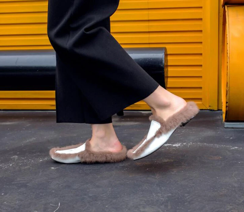 Stylesowner Super Warm Lazy Slipper Shoe Rabbit Fur Squared Toe Patent Leather Outdoor Slides Chic Flat Mules