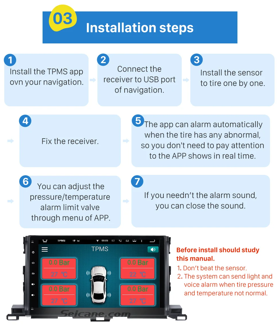 Seicane Автомобильный USB TPMS система обнаружения с 4 внутренними датчиками контроль давления в шинах Авто сигнализация для Android Радио Навигация