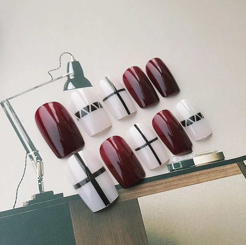 Простой 24 шт./компл. винно красный геометрический крест черная линия накладные