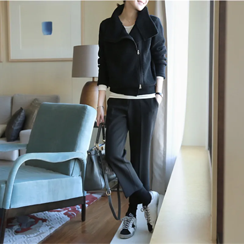 

High collar pure cashmere sweater female zipper cardigan autumn and winter short knit coat large size loose thick sweater tops