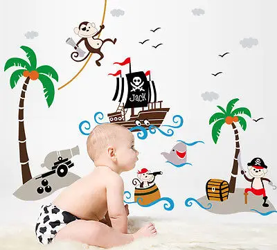 Monkey&ampPirate Ship Cartoon Wall Sticker Mural Vinyl Art Decal Baby Nursery | Дом и сад