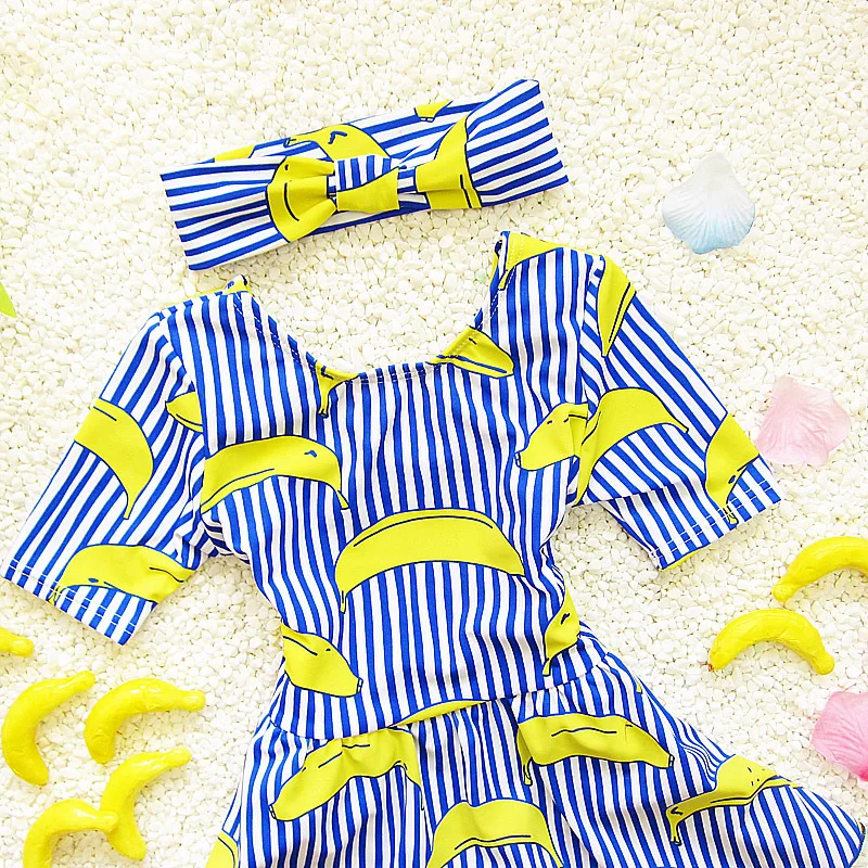 one piece swimsuit stripe swimming suit for kids children girl bathing suits clothes swimwear with headband banana print | Спорт и
