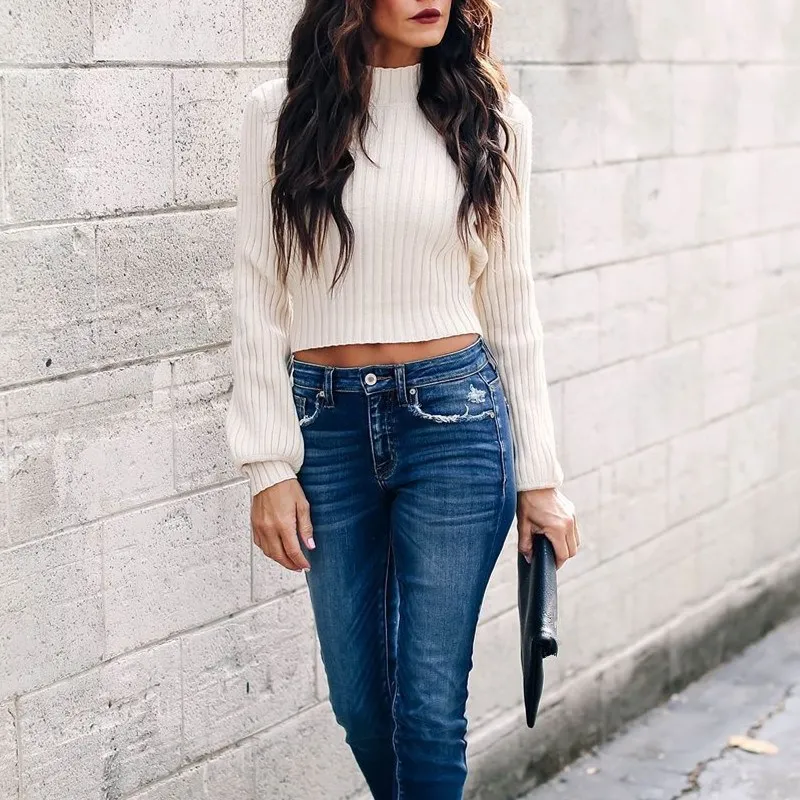 2019 New Sexy Backless Bow Turtleneck Short Sweater Women Long Sleeve Pullovers Female Knitted Tops | Женская одежда