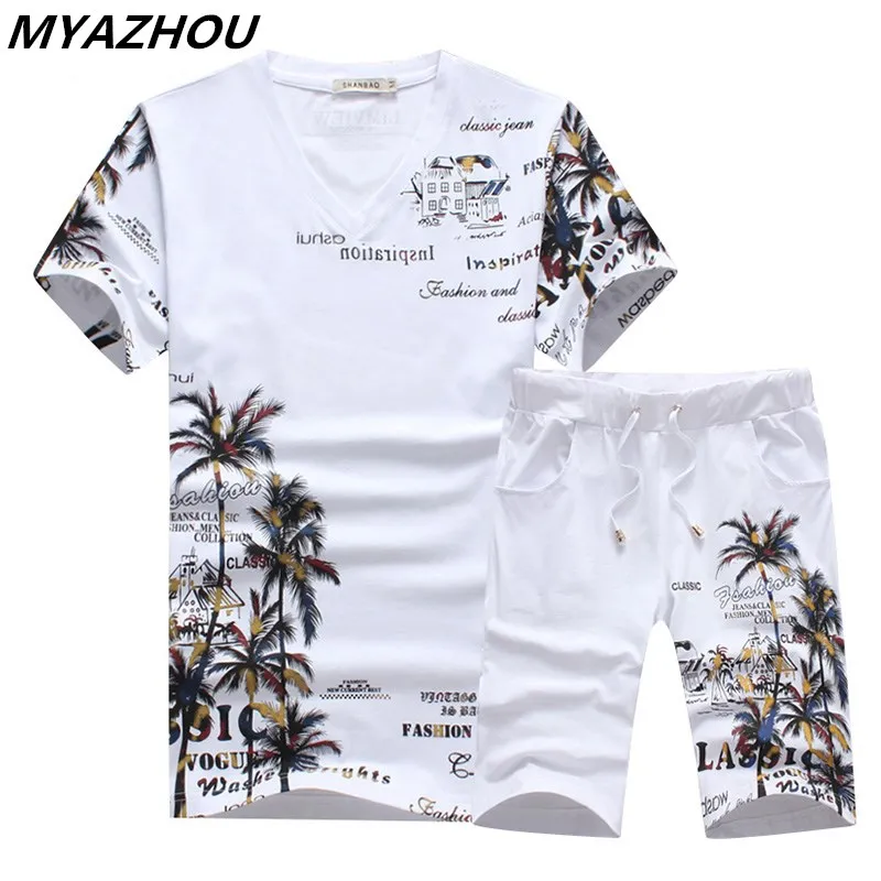 

summer new V-neck fancy short-sleeved suits personality beach wind letter print shorts suit men's large size casual sports suit