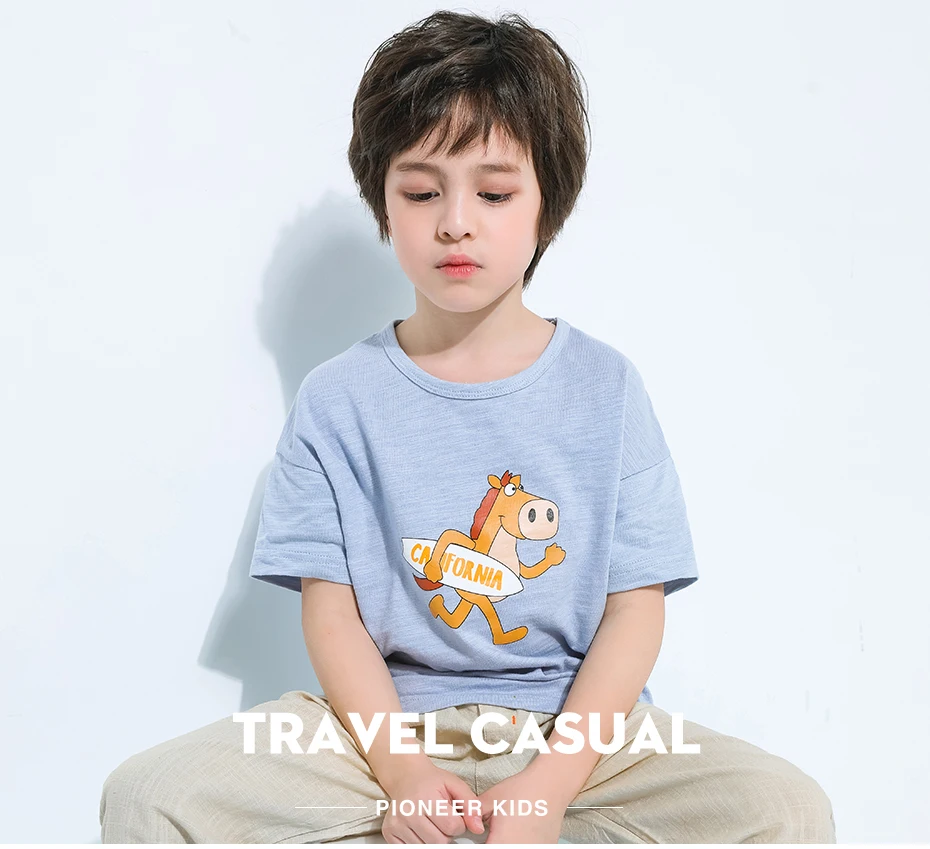 Pioneer kids/Летняя футболка Топ с короткими рукавами для мальчиков, Детская футболка женские вязаный свитер с длинным рукавом и изображением мультфильмов, хлопковые футболки, одежда для детей BDT910103