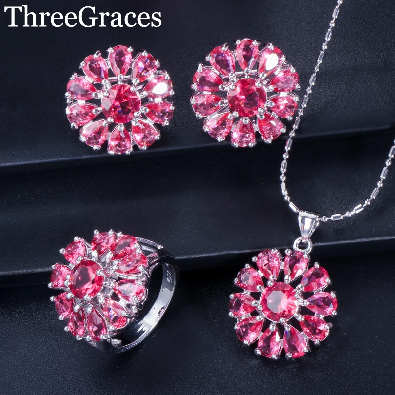 

ThreeGraces Lovely Ladies Fashion Jewelry Big Flower Cubic Zirconia Crystal Red Necklace and Earrings Ring Set for Party JS200