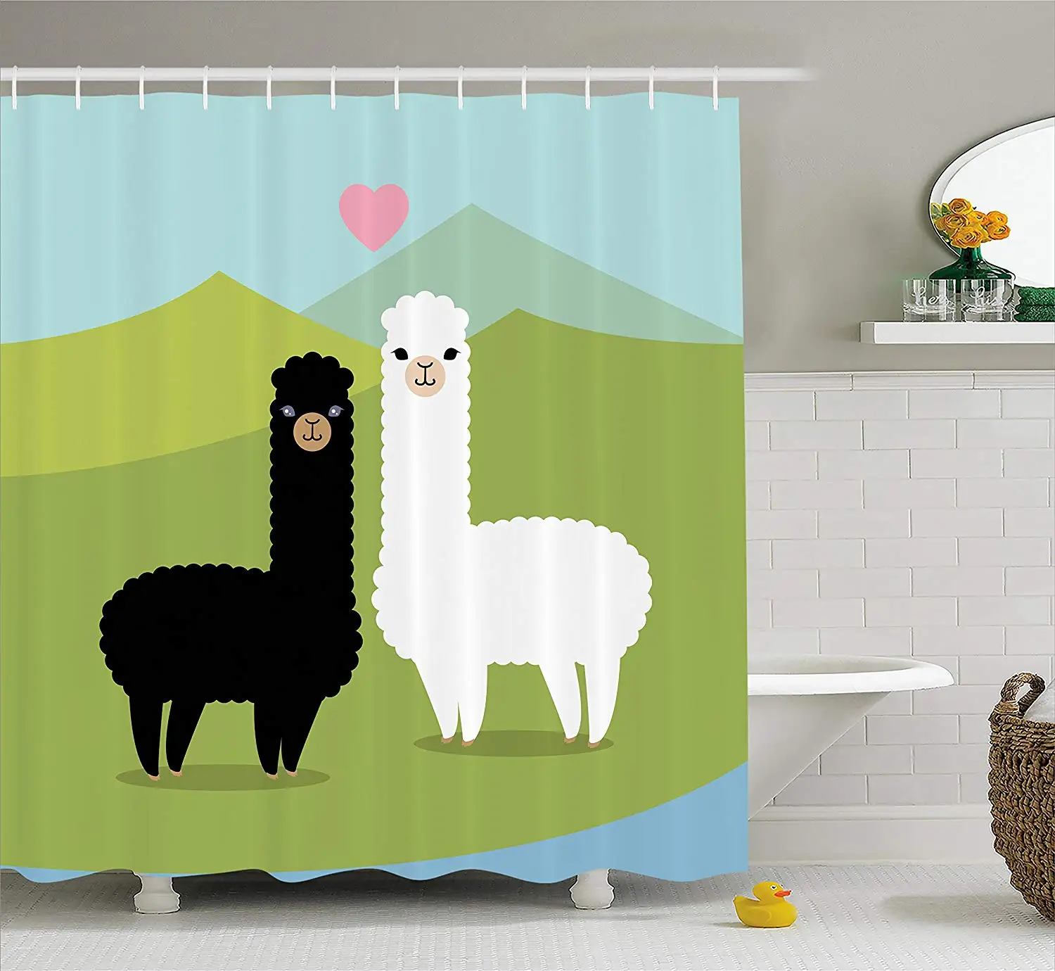 Llama занавеска для душа Alpacas в любви горы фауны Валентина животных с контрастной