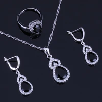glaring pear black cubic zirconia white cz silver plated jewelry sets earrings pendant chain ring v0292